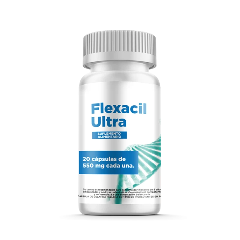 Frasco Flexacil Ultra Cápsulas blanco con 20 cápsulas de 550 mg, suplemento alimentario para articulaciones