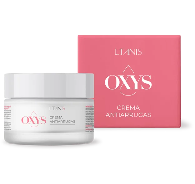 Tarro Oxys Crema Antiarrugas LTANIS con caja coral — ácido hialurónico, niacinamida, vitamina E, resveratrol, aceite de argán y cafeína, 50 ml